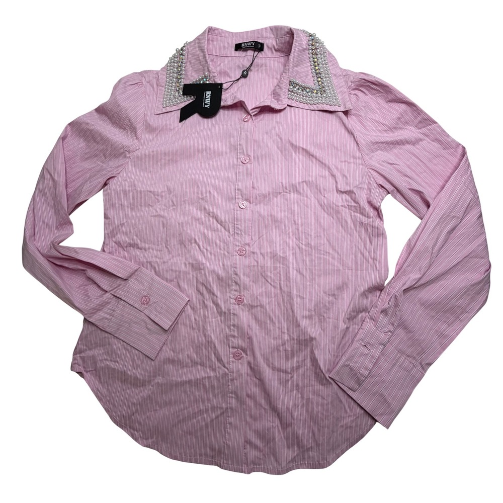 RNWY Pink Pinstripe Pearl Rhinestone Embellished Collar Button Down Shirt Small